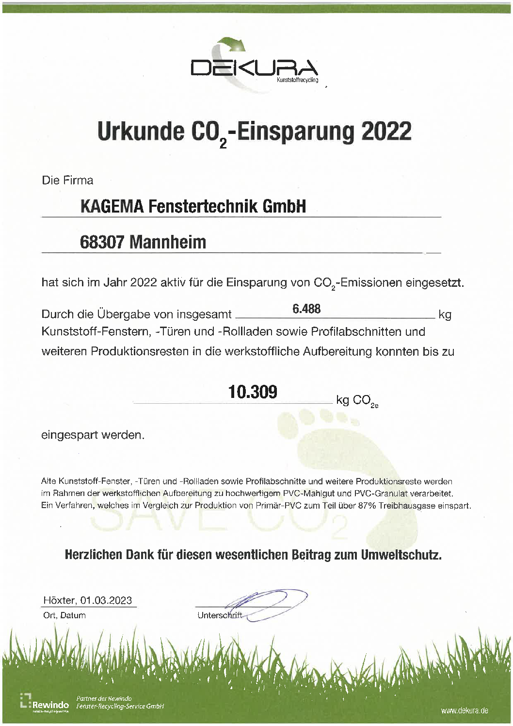 Urkunde CO2 Einsparung 2021